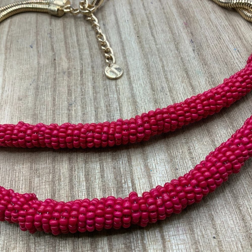 Talbots Red Seed Beads Rope Layered Gold Tone Necklace